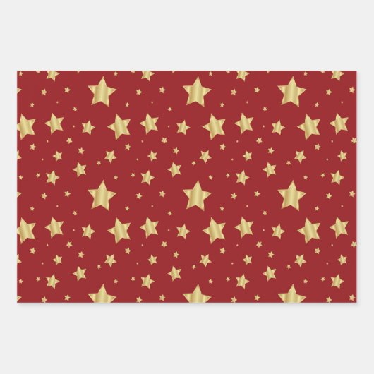 Goldene Sterne auf rotem Hintergrund Geschenkpapier Set (Vorderseite)
