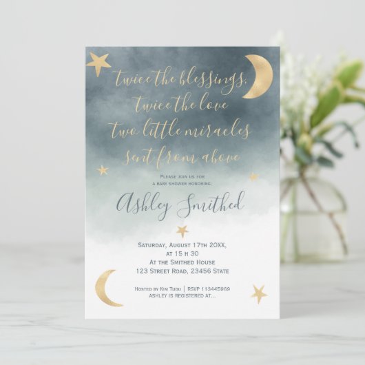 Goldene Sterne Blaue Aquarelltweine Babydusche Einladung (Stehend Vorderseite)