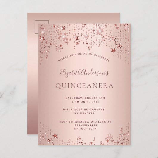 Goldene Sterne der Quinceanera-Rose erfreuen sich Postkarte (Vorne/Hinten)