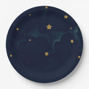 Goldene Sterne Dunkelblaue Nacht Himmel Baby Showe Pappteller