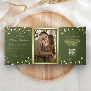 Goldene Sterne Konfetti Olivgrün QR-Code Hochzeit Dreifach Gefaltete Einladung