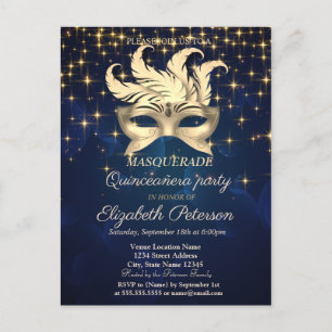 Goldene Sterne, Masque, Navy Blau Quinceañera Einladungspostkarte
