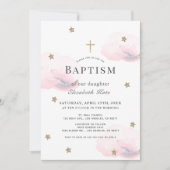 Goldene Sterne & rosa Wolken Girl Baptisse Einladung (Vorderseite)