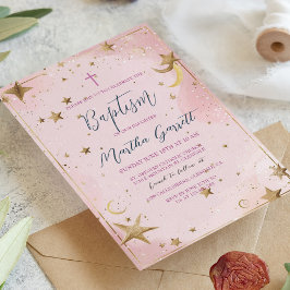 Goldene Sterne und rosa Girl-Taufe Einladung