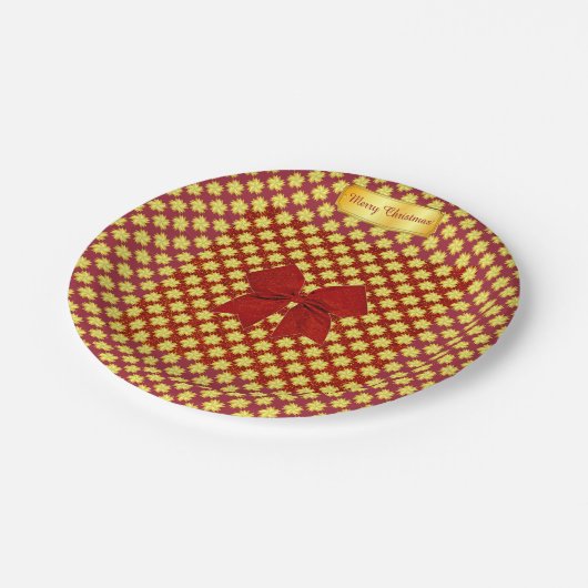 Goldene Sterne und Rote Glitzer Weihnachten Pappteller (Schrägansicht)