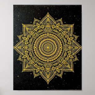 Goldene Sternenexplosion Mandala auf Schwarz Poster