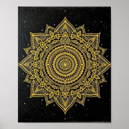 Goldene Sternenexplosion Mandala auf Schwarz Poster (Vorne)