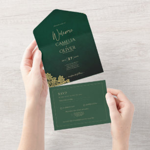 Goldene Stickerei Smaragdgrün All-in-1 Hochzeitsei All In One Einladung