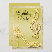 Goldene Stiletto & Treble Clef Geburtstagseinladun Einladung (Vorne/Hinten)