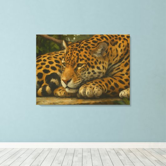 Goldene Stille - ruhender Leopard in Foliage Leinwanddruck (Insitu (Holzboden))