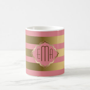 Goldene Streifen mit Monogramm & rosa geometrische Kaffeetasse