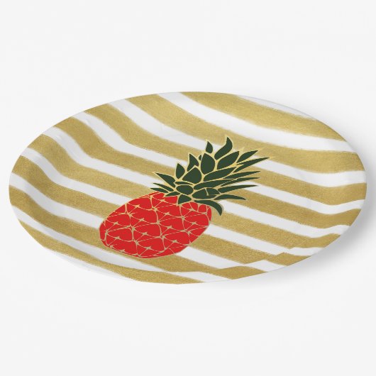Goldene Streifen rot und grüne tropische Ananas Pappteller (Schrägansicht)