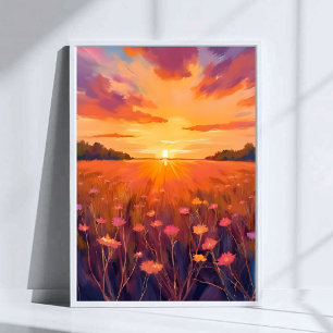 Goldene Stunde Blumenfeld Wasserfarben Sonnenunter Poster