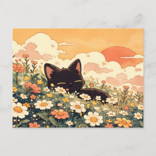 Goldene Stunde Daisy Kawaii Schwarze Katze Postkarte