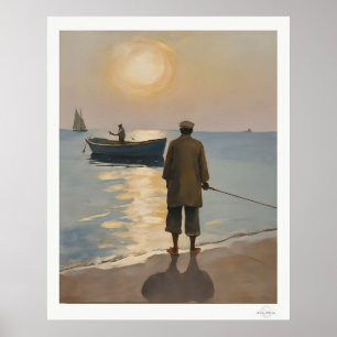 Goldene Stunde Fischer auf See Ölmalerei Poster