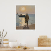 Goldene Stunde Fischer auf See Ölmalerei Poster (Küche)