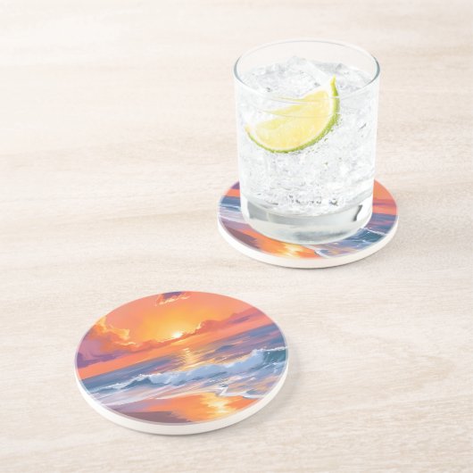 Goldene Stunde Orange Sonnenuntergang Strand Ozean Getränkeuntersetzer (Seite)