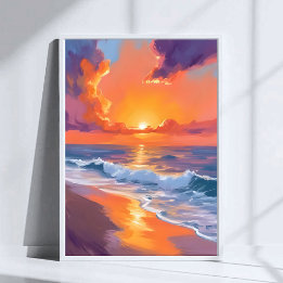 Goldene-Stunde-Orange-Sonnenuntergang-Strand-Ozean Poster