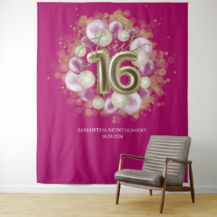 Goldene Sweet 16 Geburtstagsballons Party Rosa Hin Wandteppich