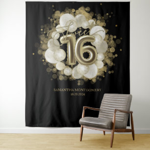 Goldene Sweet 16 Geburtstagsballons Party Schwarze Wandteppich