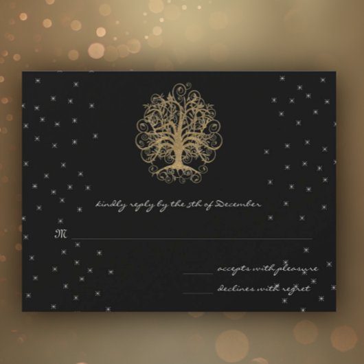 Goldene Swirl-Bäume auf Black Metallic Wedding RSV RSVP Karte