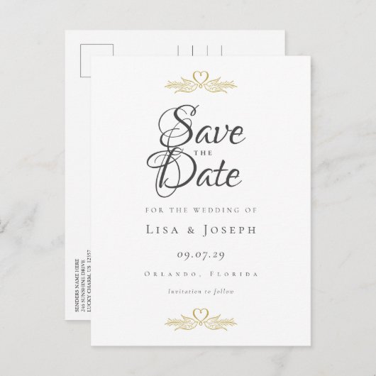 Goldene Tauben und Herz Elegantes Skript Save the  Postkarte (Vorne/Hinten)