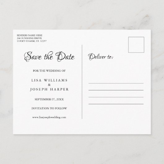 Goldene Tauben und Herz Elegantes Skript Save the  Postkarte (Rückseite)