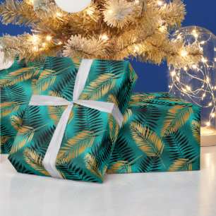 Goldene Teal-Palmblätter   Luxuriöser tropischer S Geschenkpapier