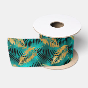 Goldene Teal-Palmblätter   Luxuriöser Tropischer S Satinband