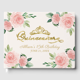 Goldene Tiara Blush Rosa Florale Quinceanera Gästebuch