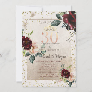Goldene Tiara, Burgunderrote Blumen 30. Geburtsta Einladung