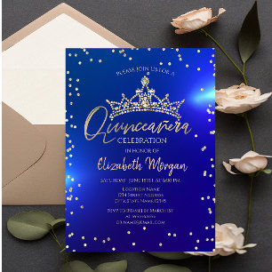 Goldene Tiara Diamanten Blaue Quinceañera Einladung