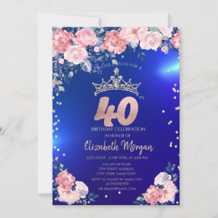Goldene Tiara Diamanten Blumen Blau 40. Geburtstag Einladung