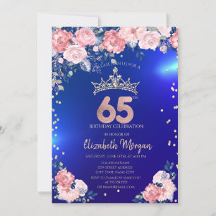 Goldene Tiara Diamanten Blumen Blau 65. Geburtstag Einladung