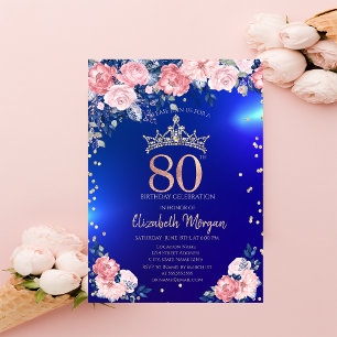 Goldene Tiara Diamanten Blumen Blau 80. Geburtstag Einladung