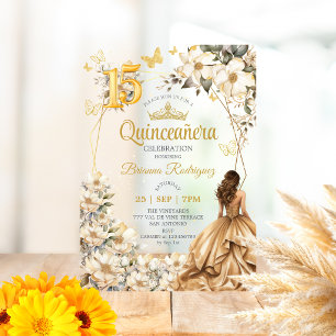 Goldene Tiara Florale Beige Quinceañera  Acryleinladungen