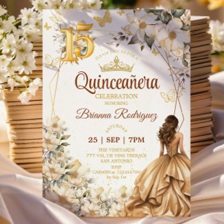 Goldene Tiara Florale Beige Quinceañera  Einladung