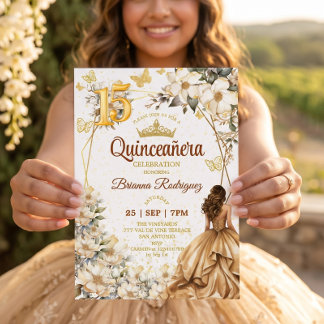 Goldene Tiara Florale Beige Quinceañera Einladung