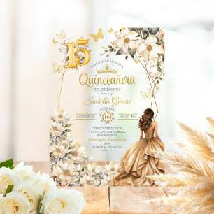 Goldene Tiara Florale Beige Schmetterlinge Quincea Acryleinladungen
