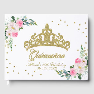 Goldene Tiara Hot Pink Floral Quinceanera-Gästebuc Gästebuch
