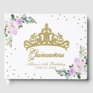 Goldene Tiara-Rosé Lila Flieder Blumen Quinceanera Gästebuch