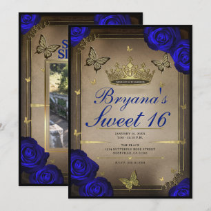 Goldene Tiara Schmetterlinge Blaue Rosen Sweet 16 Einladung