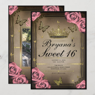 Goldene Tiara Schmetterlinge Rosa Rosen Sweet 16 F Einladung