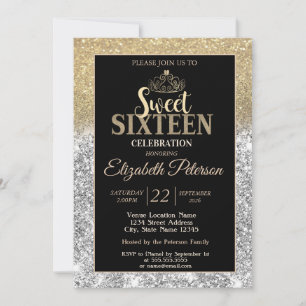 Goldene Tiara Silber Gold Glitter Bokeh Sweet 16 Einladung