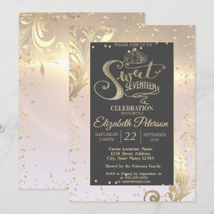 Goldene Tiara Süße Diamanten 17 Geburtstag Einladung
