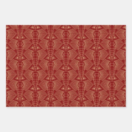 Goldene Töne Elefantenkopf Art Déco Muster Geschenkpapier Set (Vorderseite)