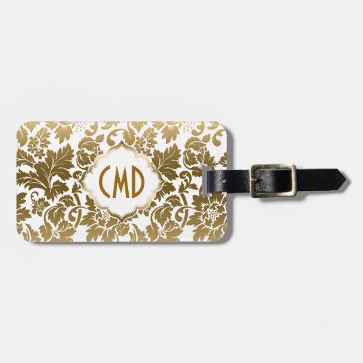 Goldene Töne florale Damaskus über weißem Hintergr Gepäckanhänger (Vorderseite horizontal)