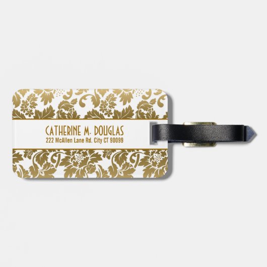 Goldene Töne florale Damaskus über weißem Hintergr Gepäckanhänger (Rückseite horizontal)