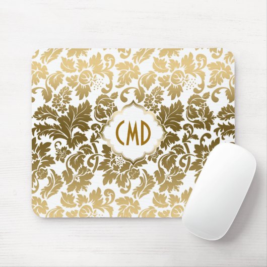 Goldene Töne florale Damaskus über weißem Hintergr Mousepad (Mit Mouse)