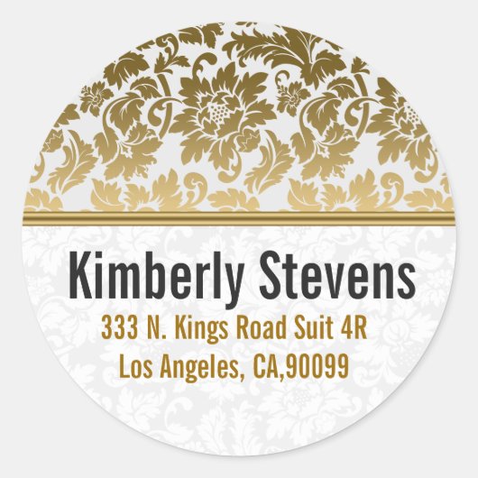 Goldene Töne florale Damaskus über weißem Hintergr Runder Aufkleber (Vorderseite)